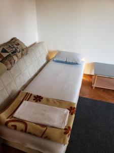 a bed in a living room with a couch at Cozy room in appartment, with shared bathroom,downtown Belgrade in Belgrade