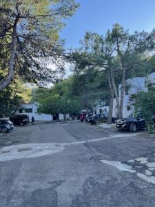 佩斯基奇的住宿－Residence Montepucci，停车场有停放的汽车和树木