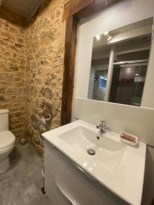 ein Badezimmer mit einem Waschbecken, einem WC und einem Spiegel in der Unterkunft Gîte Les Tilleuls in La Porcherie