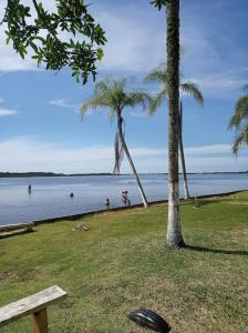 a park with a bench and palm trees and a body of water at Paraíso dos Accácio in Balneario Barra do Sul