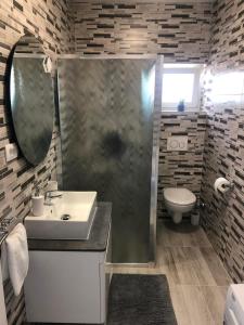een badkamer met een douche, een wastafel en een toilet bij Apartman Ana in Crno