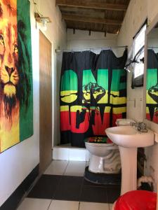 a bathroom with a shower curtain and a toilet at Vieques Good Vibe Guest House in Vieques