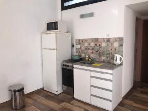 een keuken met een witte koelkast en een fornuis bij PAZ EN LA CIUDAD, en el centro, con WIFI y cochera privada in San Antonio de Areco