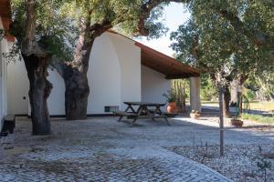 una mesa de picnic frente a un edificio con árboles en Herdade das Onzenas de Cima en Couço