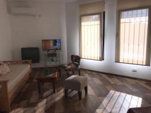 ein Wohnzimmer mit einem Sofa, einem TV und 2 Fenstern in der Unterkunft PAZ EN LA CIUDAD, en el centro, con WIFI y cochera privada in San Antonio de Areco