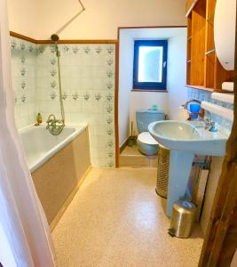 a bathroom with a sink and a tub and a toilet at Les Fouillettes in Aujac