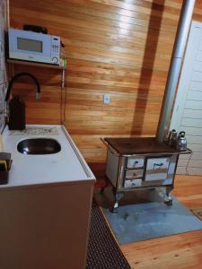 a kitchen with a stove and a sink and a microwave at Casa de Campo Machado in Urubici