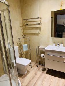 y baño con aseo, lavabo y ducha. en STUDIO in CAPTAINS HOUSE WITH A POOL, en Limassol