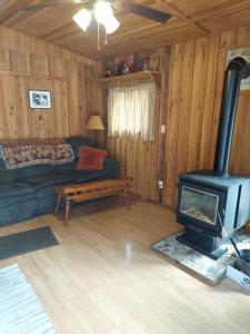 ein Wohnzimmer mit einem Holzofen in einer Hütte in der Unterkunft Overlook Cottage in Hampton