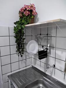 a kitchen sink with a plate and flowers on a shelf at Suíte 08 - Aconchegante e Exclusiva in Cuiabá