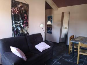 a living room with a black couch and a table at Quinta Cunte - Casa Girassol in São Luis