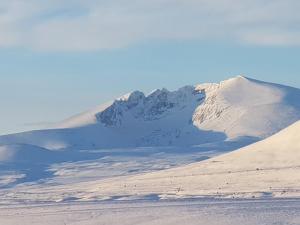 a snow covered mountain with a snow covered mountain at Snøhetta Camping in Hjerkinn