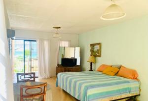 1 dormitorio con 1 cama y TV en Ocean View Apartments en Bridgetown