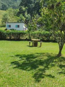 une table de pique-nique dans un champ avec un arbre dans l'établissement Sítio das Jaqueiras, à Bom Jardim