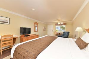 a bedroom with a bed and a desk and a television at Cayucos Beach Inn in Cayucos