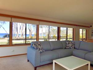 a living room with a blue couch and windows at Sea Eagle at Roaring Beach in Surveyors Bay