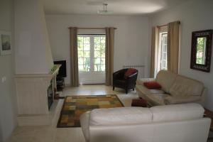 uma sala de estar com um sofá e uma lareira em Cozy Villa Near Obidos With Private Swimming Pool em A dos Francos