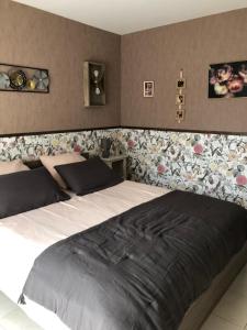 een slaapkamer met een groot bed met bloemen aan de muur bij Au bord de l eau in Surba