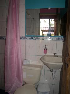 a bathroom with a toilet and a sink and a mirror at Hostal Gosén in Puerto Baquerizo Moreno