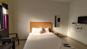 1 dormitorio con 1 cama, 1 silla y TV en AMBIENT HOME STAY, In Nashik, en Nashik