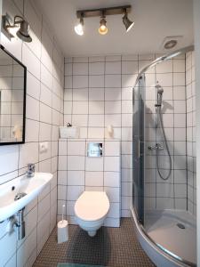 een badkamer met een toilet, een wastafel en een douche bij Kwatera Karkonoska in Jelenia Góra