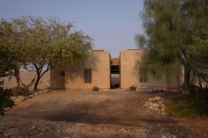 a building in the middle of a desert with trees at Desert Days mud cabin's Resort in Zuqim