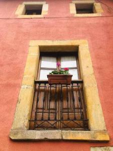 ein Fenster mit einem Blumentopf auf dem Balkon in der Unterkunft Casa estilo rural con jardín entre playa y montaña in Caravia