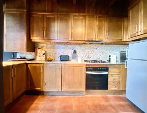 cocina con armarios de madera y lavavajillas negro en Apartament Pla de Masella, en Alp