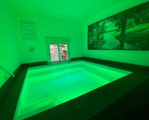 uma piscina num quarto verde com uma televisão em Hala Castel - Luxury villa for families & couple's em Yānūḥ