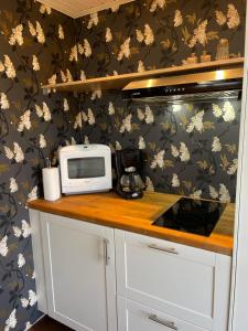 a kitchen counter with a microwave and a toaster oven at Gökboet in Broddetorp