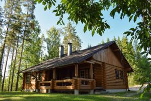 Lomalehto Cottages في Ahvionniemi: كابينة خشب في الغابة بها أشجار