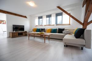 ein Wohnzimmer mit einem Sofa und einem TV in der Unterkunft Große 3-Zimmer Maisonette Wohnung in Neuhausen in Neuhausen