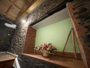 Caboalles de AbajoにあるCasa Osu Pardo VuTの緑の壁と花のバスケットが施された部屋