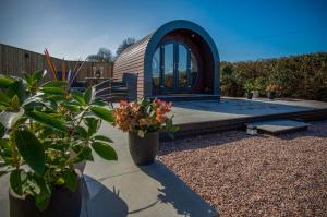 a house with a circular window and plants in a yard at Bracken Burrows - 1 Bedroom Pod - New Hedges in New Hedges