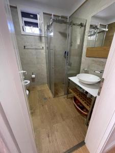 y baño con ducha y lavamanos. en Sea Gem Apartment, en Dhërmi