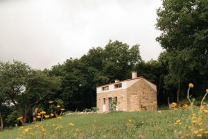 una vieja casa de piedra en una colina en un campo en Casa de la Pradera, en A Bana
