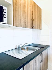 a kitchen counter with a sink and a microwave at Hippotel in Le Touquet-Paris-Plage