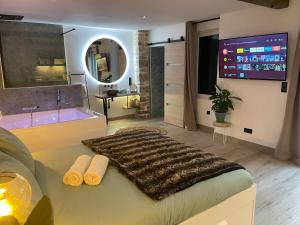 um quarto com uma cama grande e uma televisão grande em Les Jardins Secrets - Gare & Centre by Apparts Spa Dijon em Dijon
