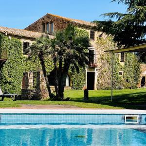 a house with a palm tree next to a swimming pool at Mas Salvi Country Boutique Hotel in Pals