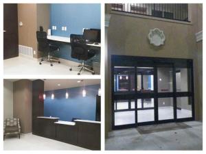 three pictures of an office with a desk and chairs at Western Inn & Suites in Carrizo Springs