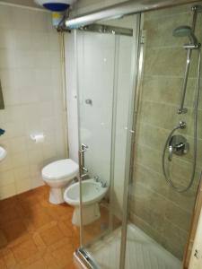 a bathroom with a toilet and a glass shower stall at Bilocali con Giardino Via Sivori in Bonassola