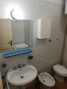 a bathroom with a sink and a toilet and a mirror at Bilocali con Giardino Via Sivori in Bonassola
