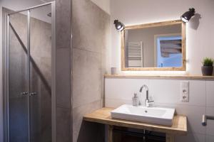 ein Bad mit einem Waschbecken und einer Dusche in der Unterkunft Gulfhof Dreybült Dreybült 10 Wilko in Dornum