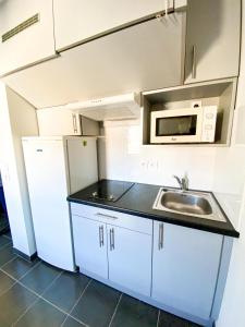 eine kleine Küche mit einer Spüle und einer Mikrowelle in der Unterkunft City Résidence Nice in Nizza