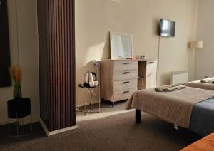 a bedroom with a bed and a dresser with a mirror at Stari Zaječar apartments in Zaječar