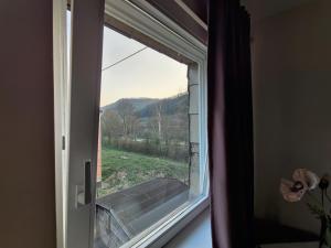 una ventana con vistas a un campo en Gästehaus Voyage, en Neumagen-Dhron