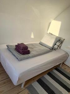 een bed met twee kussens in een kamer bij Jægergård in Skærbæk