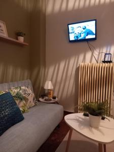 a living room with a couch and a flat screen tv at Beautiful and Quiet apartment in the centre of Athens in Athens
