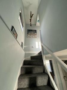 a staircase in a house with a stair case at Orchard Lodge -Coastal Retreat, new build, village views, private garden and terrace in Saint Brides Major