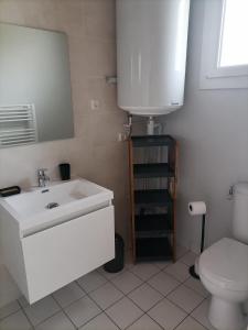 y baño con lavabo blanco y aseo. en Giropode, maisonnette 36m2, 1/5 pers, cour fermée., en Chasseneuil-du-Poitou